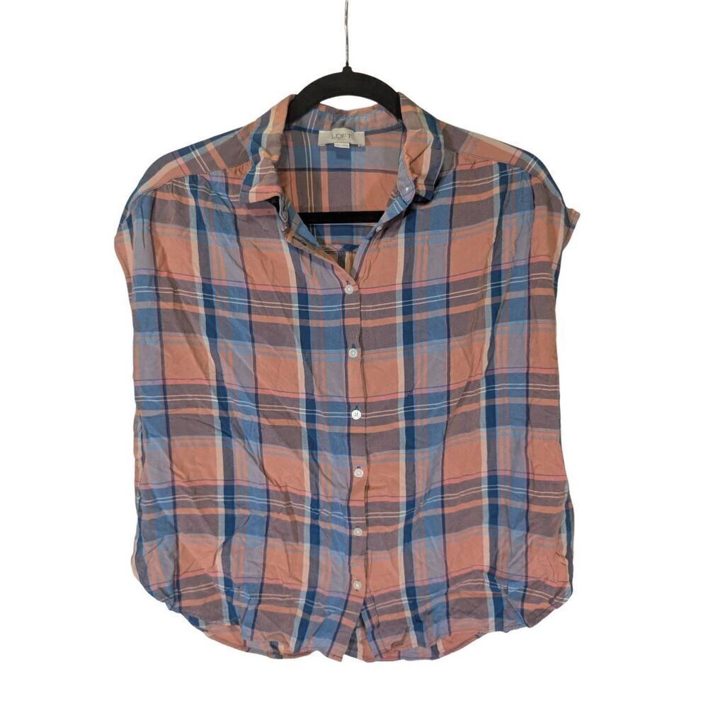 LOFT Dolman Plaid Short Sleeve Button Down Orange and Blue Top Size Medium